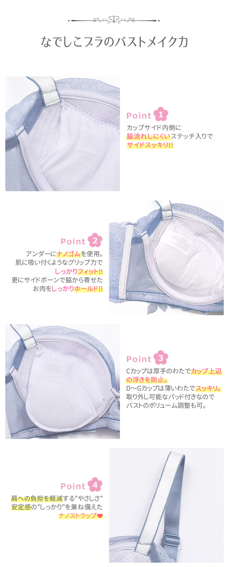 IBT331|アンテシュクレ intesucre なでしこブラ 脇高スレンダースタイル ブラセット CDEFGカップ アンダー65/70/75cm