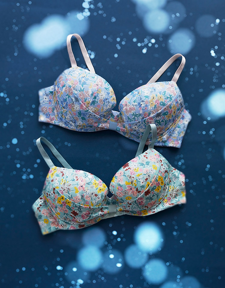 BUN223|ウンナナクール une nana cool MADE WITH LIBERTY FABRIC リボンブラ 胸もとフィットながもち~動いても、キレイはつづく~ ブラジャー単品 BCDEFFカップ アンダー 65/70/75cm