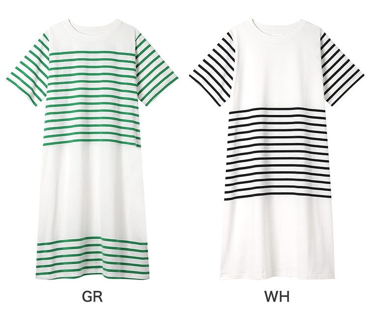 LP7500|ウンナナクール une nana cool 【綿100%】60ハイゲージ天竺パネルボーダー半袖ワンピース パジャマ ワンピース M/L