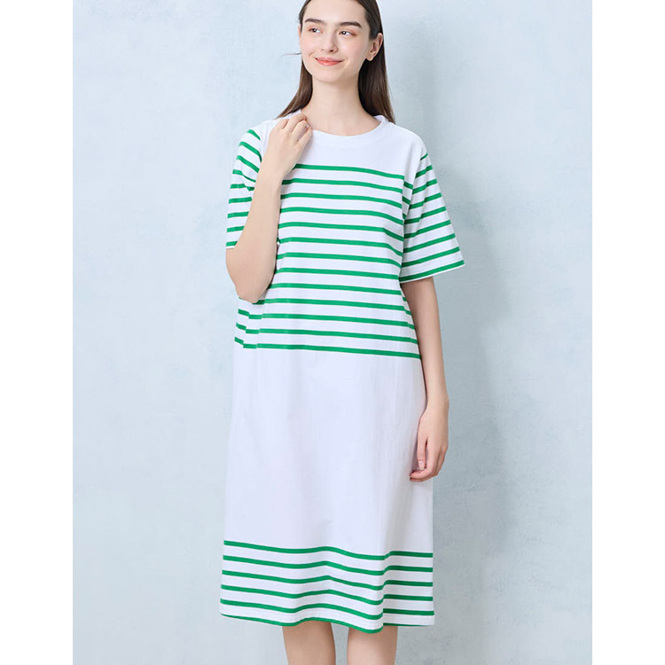 LP7500|ウンナナクール une nana cool 【綿100%】60ハイゲージ天竺パネルボーダー半袖ワンピース パジャマ ワンピース M/L