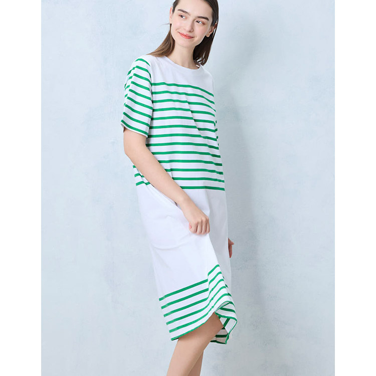 LP7500|ウンナナクール une nana cool 【綿100%】60ハイゲージ天竺パネルボーダー半袖ワンピース パジャマ ワンピース M/L