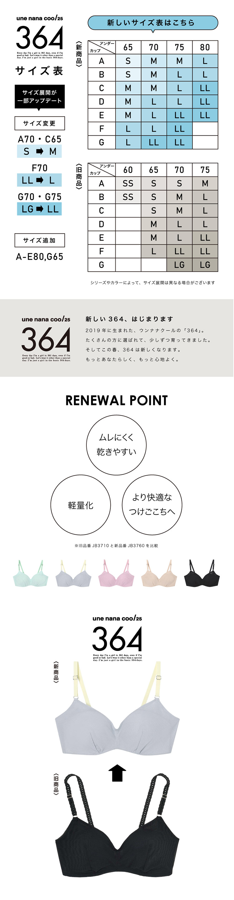 JB3760|ウンナナクール une nana cool リニューアル 特別じゃない日に着る、私のための下着 364ブラ シンプル ノンワイヤーブラ S/M/L/LL