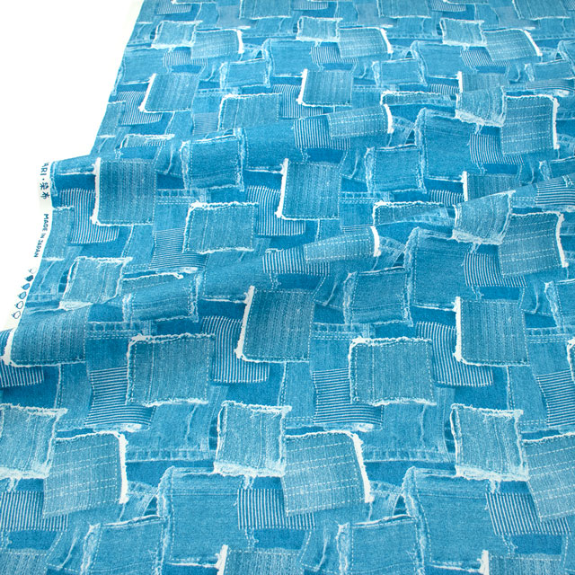 生地 オックスプリント デニムパッチワーク柄(1020) 14A.サックス 09Ae99_