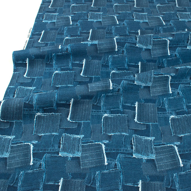 生地 オックスプリント デニムパッチワーク柄(1020) 14B.ネイビー 09Ae99_