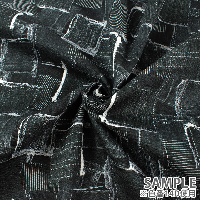 生地 オックスプリント デニムパッチワーク柄(1020) 14A.サックス 09Ae99_