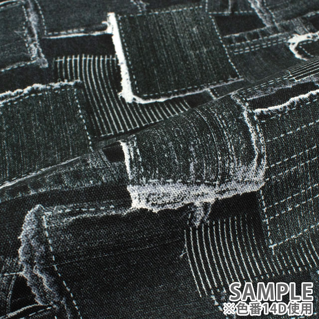 生地 オックスプリント デニムパッチワーク柄(1020) 14A.サックス 09Ae99_