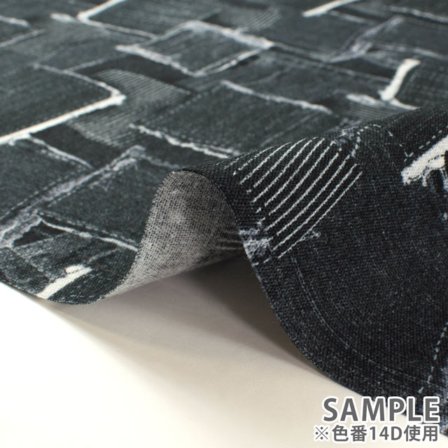 生地 オックスプリント デニムパッチワーク柄(1020) 14A.サックス 09Ae99_