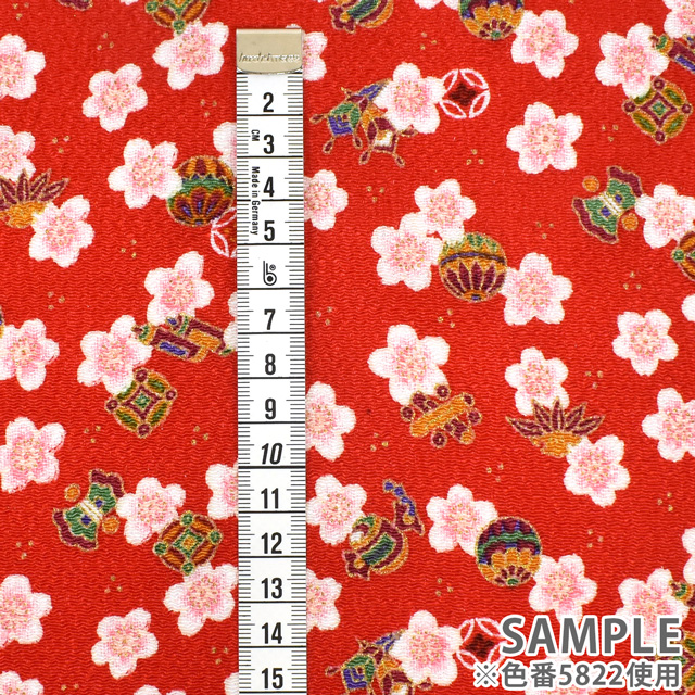 ちりめん生地 京友禅 桜福あわせ(121180) 5822.朱色 09Bh18_