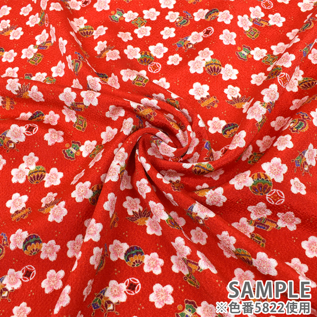 ちりめん生地 京友禅 桜福あわせ(121180) 5822.朱色 09Bh18_