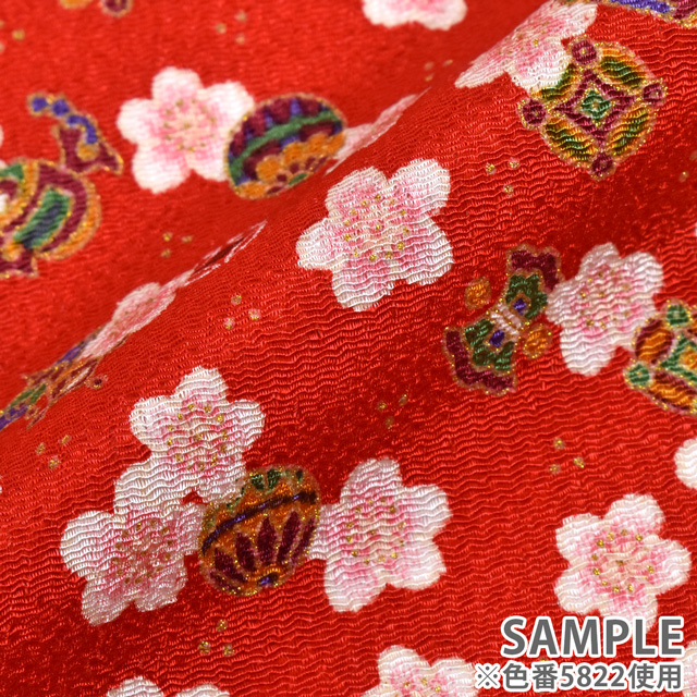 ちりめん生地 京友禅 桜福あわせ(121180) 5822.朱色 09Bh18_