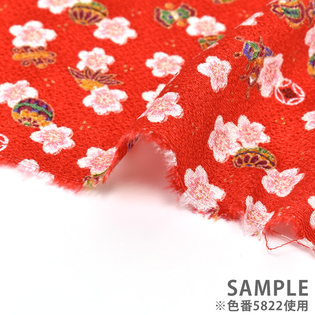 ちりめん生地 京友禅 桜福あわせ(121180) 5822.朱色 09Bh18_