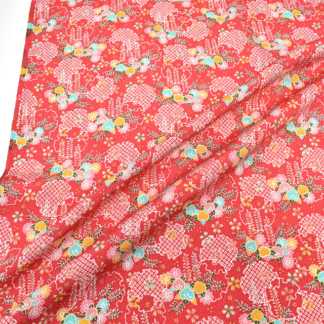 ちりめん生地 京友禅 雪輪藤(121180) 5802.紅色 09Bh18_