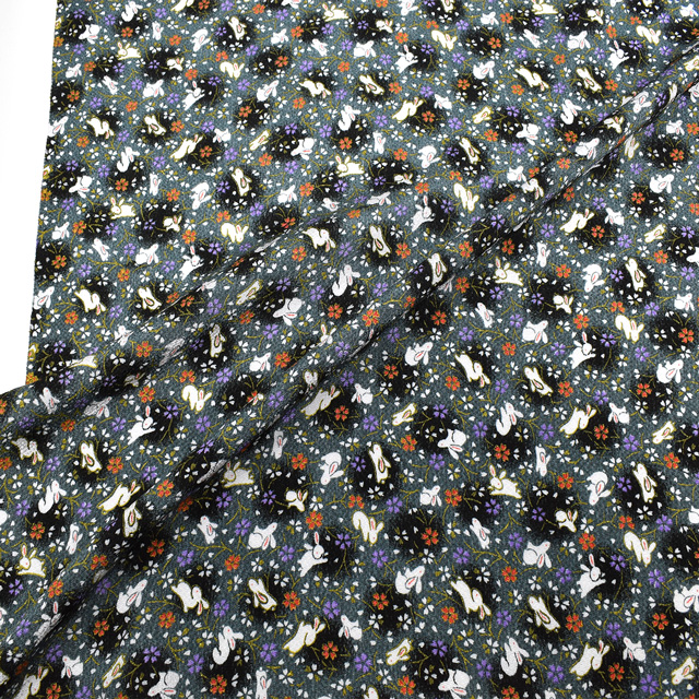 ちりめん生地 京友禅 桜うさぎ(121180) 5115.黒 09Bh18_