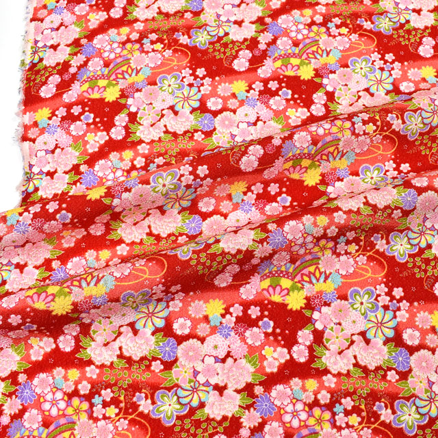 ちりめん生地 京友禅 花毬(121180) 5402.緋色 09Bh18_