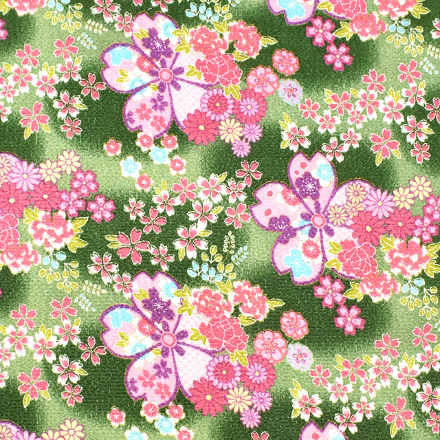 ちりめん生地 京友禅 百華(121180) 5414.緑色 09Bh18_