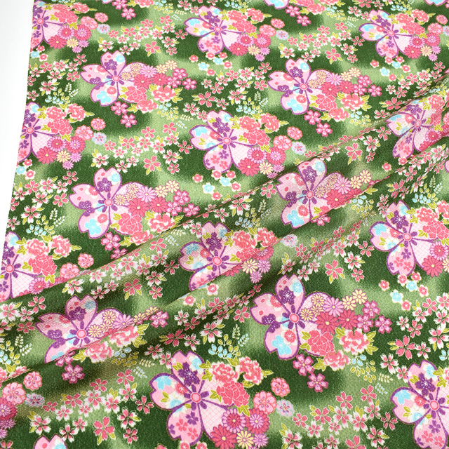ちりめん生地 京友禅 百華(121180) 5414.緑色 09Bh18_