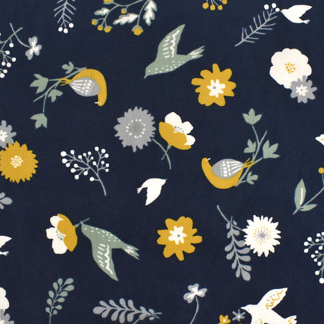 生地 mjuk-ミューク- 21W コーデュロイプリント 鳥と花(142-1282) C4.ネイビー 99Zz99_