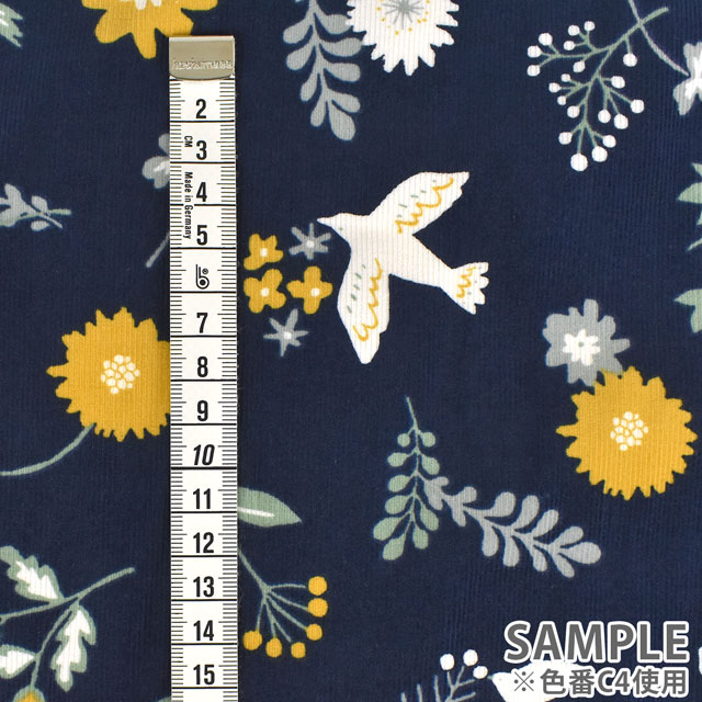 生地 mjuk-ミューク- 21W コーデュロイプリント 鳥と花(142-1282) C4.ネイビー 99Zz99_