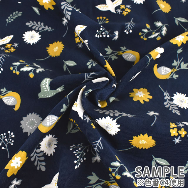 生地 mjuk-ミューク- 21W コーデュロイプリント 鳥と花(142-1282) C4.ネイビー 99Zz99_