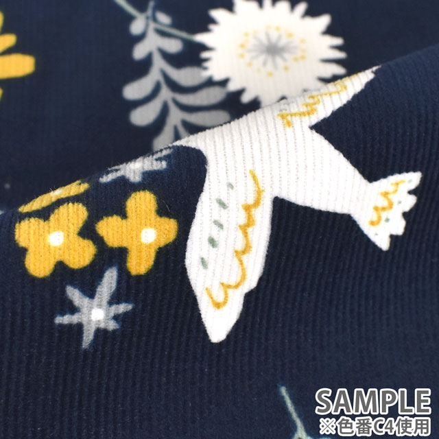 生地 mjuk-ミューク- 21W コーデュロイプリント 鳥と花(142-1282) C4.ネイビー 99Zz99_