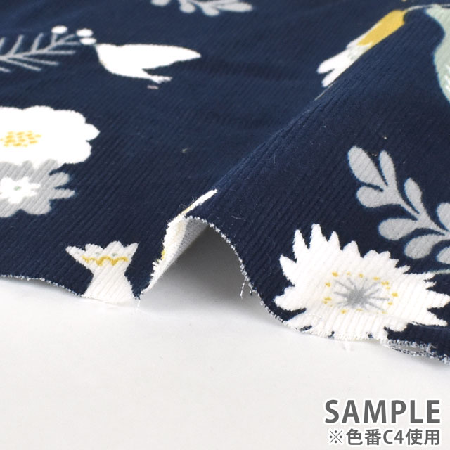 生地 mjuk-ミューク- 21W コーデュロイプリント 鳥と花(142-1282) C4.ネイビー 99Zz99_