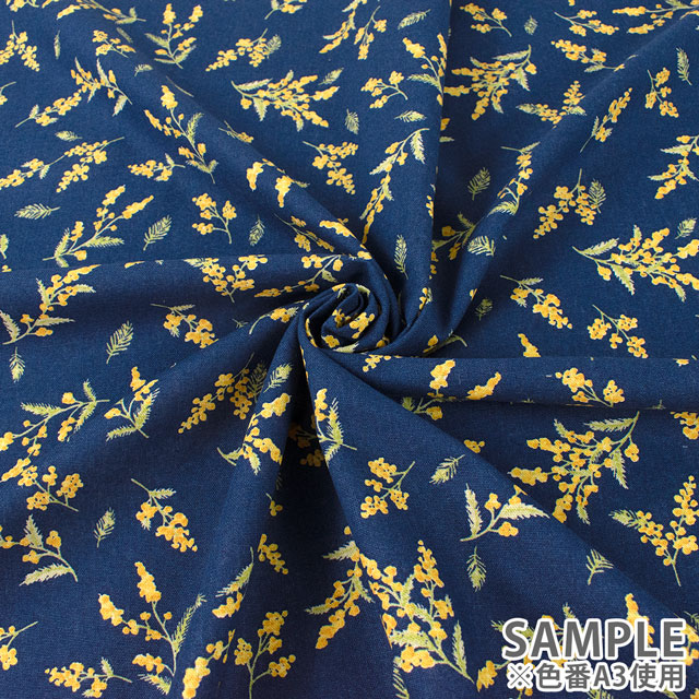 生地 綿麻キャンバスプリント ミモザ(142-1348) A3.コン 09Cu45_