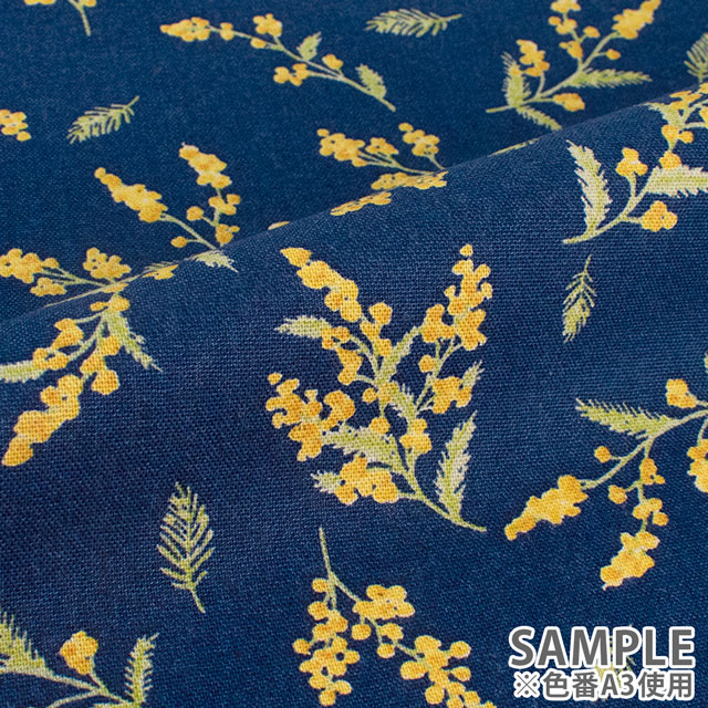 生地 綿麻キャンバスプリント ミモザ(142-1348) A3.コン 09Cu45_