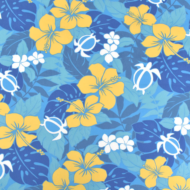 生地 T/Cハワイアンプリント(202003) プルメリア・ハイビスカス・モンステラ・ホヌ 2.ブルー 99Zz99_