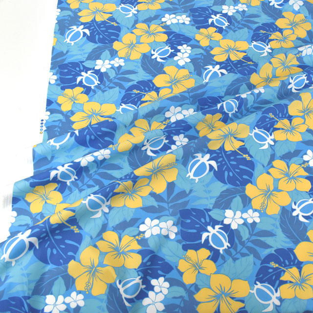 生地 T/Cハワイアンプリント(202003) プルメリア・ハイビスカス・モンステラ・ホヌ 2.ブルー 99Zz99_