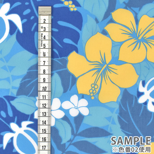 生地 T/Cハワイアンプリント(202003) プルメリア・ハイビスカス・モンステラ・ホヌ 2.ブルー 99Zz99_