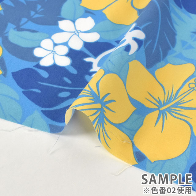 生地 T/Cハワイアンプリント(202003) プルメリア・ハイビスカス・モンステラ・ホヌ 2.ブルー 99Zz99_