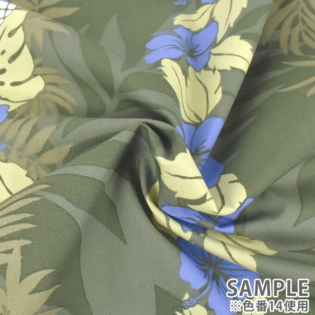 生地 T/Cハワイアンプリント(202003) ハイビスカス・パイナップルボーダー 14.カーキ 99Zz99_