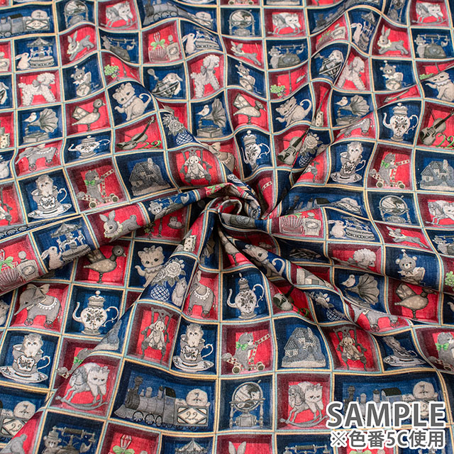 生地 22fabric -ニャンニャンファブリック- 10th collection TOYナイトボックス/綿麻シーチング(DP-4856) 5C.レッド×ネイビー 09Ac04j