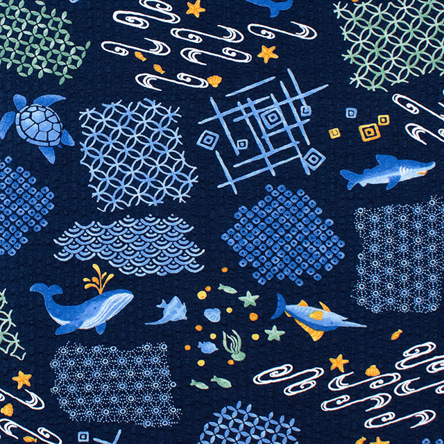 生地 リップルプリント 海のいきもの(38150) 6D.ネイビー 09Ae99_