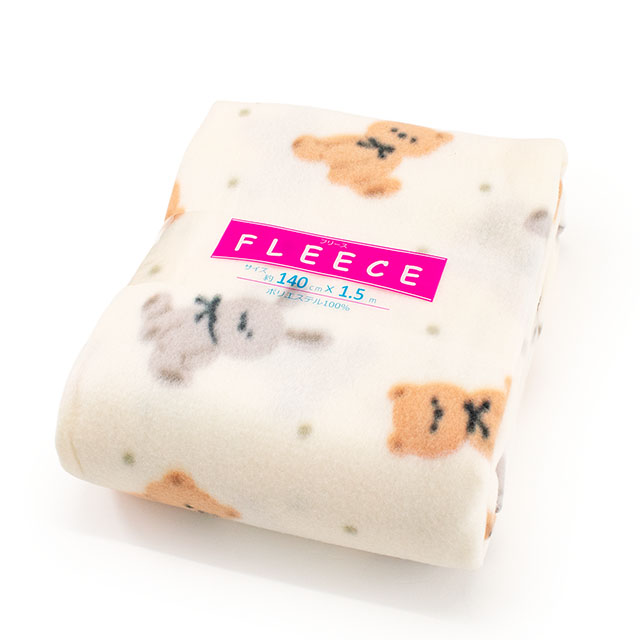 生地 フリースプリント くま＆うさぎ 約140cm幅×150cmカット（75600-1） 4.アイボリー 14yy88_