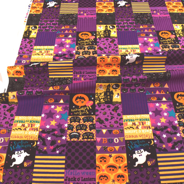 生地 ハロウィンプリント パッチワーク風/スケア(AP35401) 2B.パープル 99Zz99_
