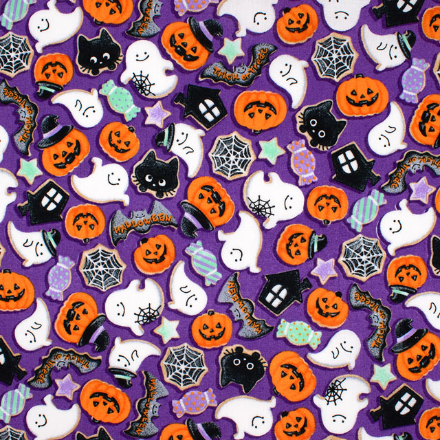 生地 ハロウィンプリント アイシングクッキー風/シーチング(AP45101) 2B.パープル 09Ae99_