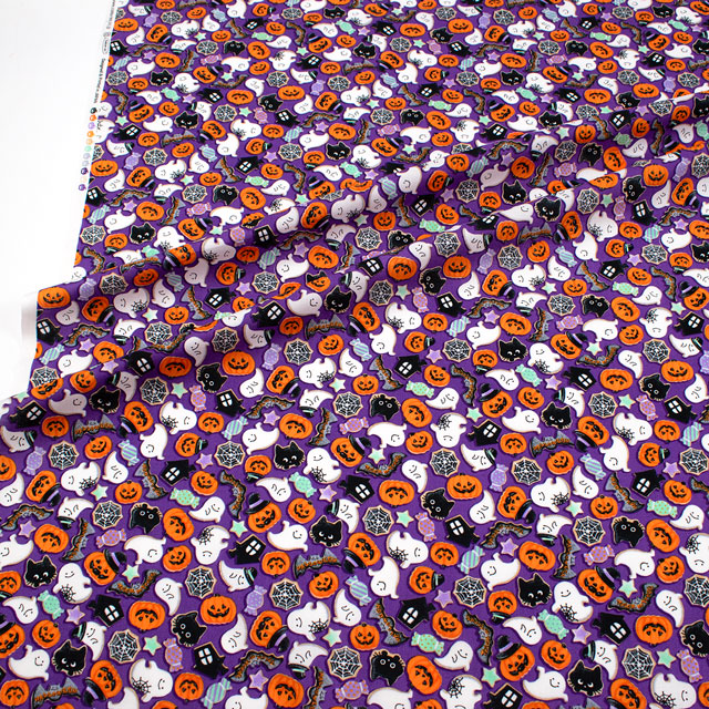 生地 ハロウィンプリント アイシングクッキー風/シーチング(AP45101) 2B.パープル 09Ae99_