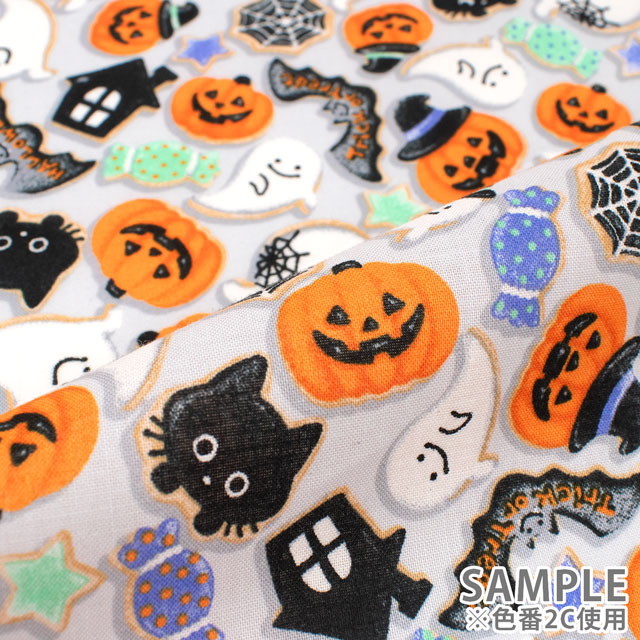 生地 ハロウィンプリント アイシングクッキー風/シーチング(AP45101) 2B.パープル 09Ae99_