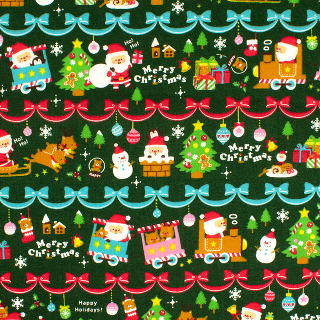 生地 クリスマスプリント ボーダー/シーチング(AP45102) 2A.緑 09Ae99_