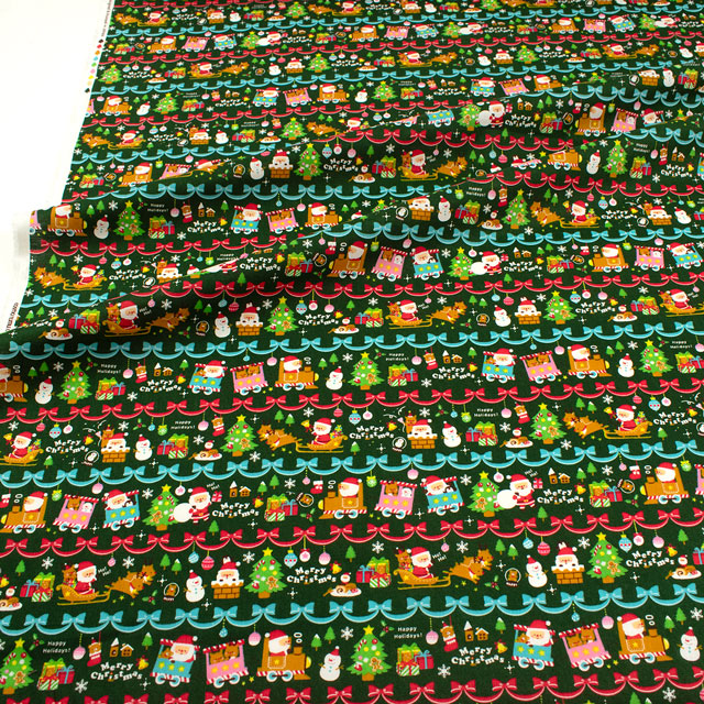 生地 クリスマスプリント ボーダー/シーチング(AP45102) 2A.緑 09Ae99_