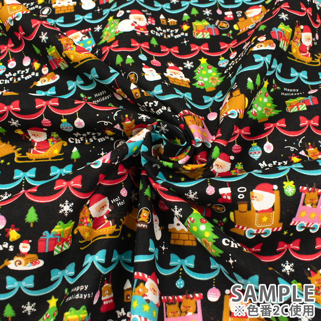 生地 クリスマスプリント ボーダー/シーチング(AP45102) 2A.緑 09Ae99_