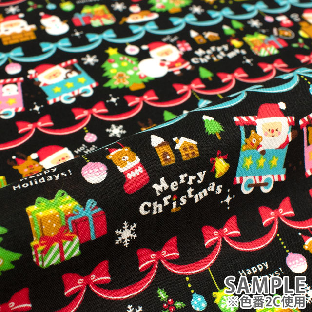 生地 クリスマスプリント ボーダー/シーチング(AP45102) 2A.緑 09Ae99_