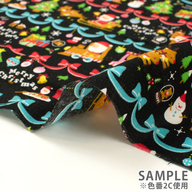 生地 クリスマスプリント ボーダー/シーチング(AP45102) 2A.緑 09Ae99_