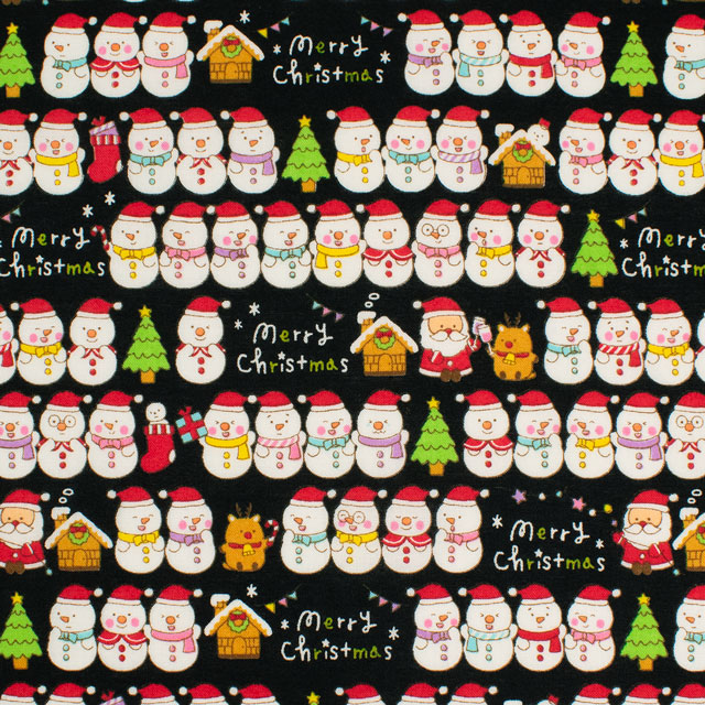 生地 クリスマスプリント ゆきだるま/シーチング(AP45102) 3C.黒 09Ae99_