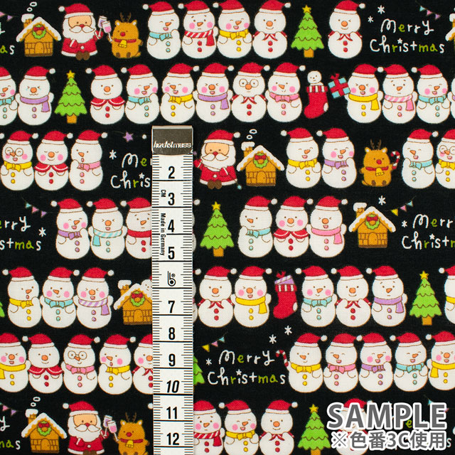生地 クリスマスプリント ゆきだるま/シーチング(AP45102) 3C.黒 09Ae99_
