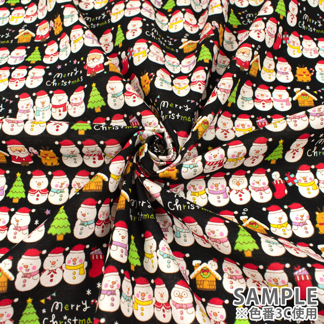 生地 クリスマスプリント ゆきだるま/シーチング(AP45102) 3C.黒 09Ae99_
