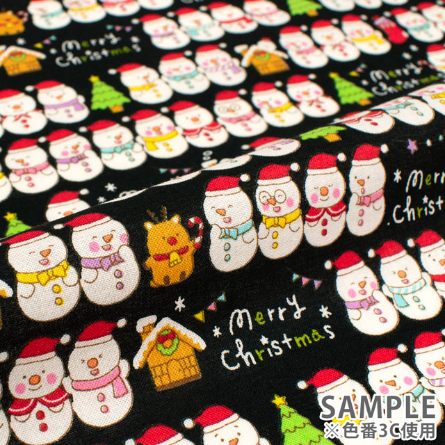 生地 クリスマスプリント ゆきだるま/シーチング(AP45102) 3C.黒 09Ae99_