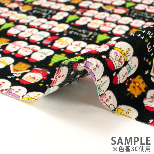 生地 クリスマスプリント ゆきだるま/シーチング(AP45102) 3C.黒 09Ae99_