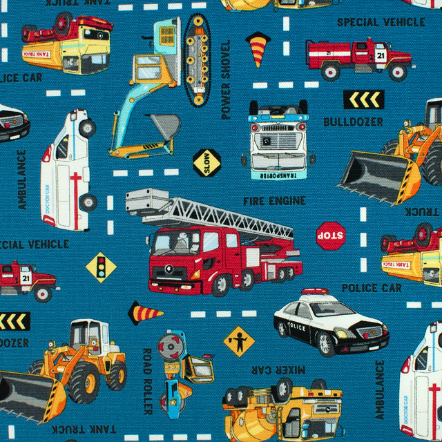 生地 オックスプリント 働く車(AP51207L) 2D.ターコイズブルー 09Ae99_